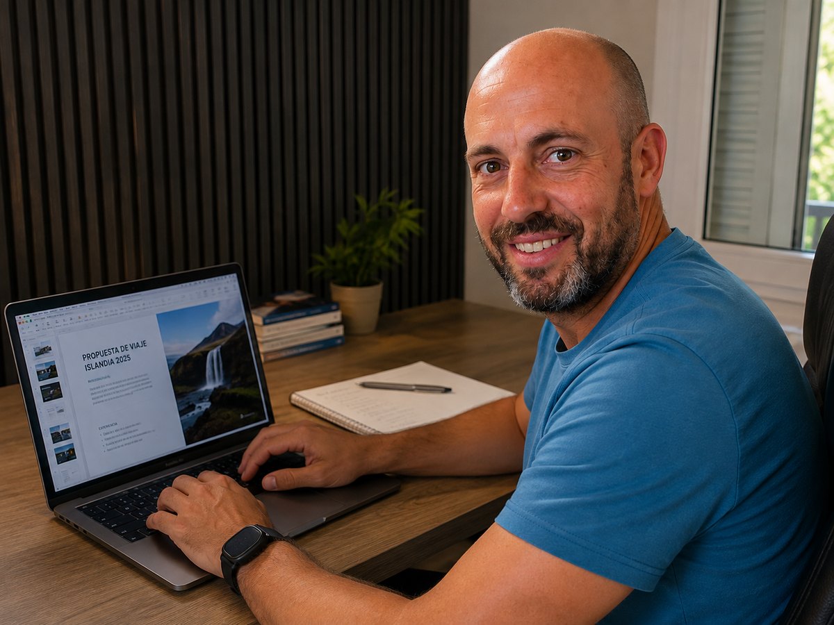 Joseba Zarraga preparando el contenido diario de captación de su negocio de viajes