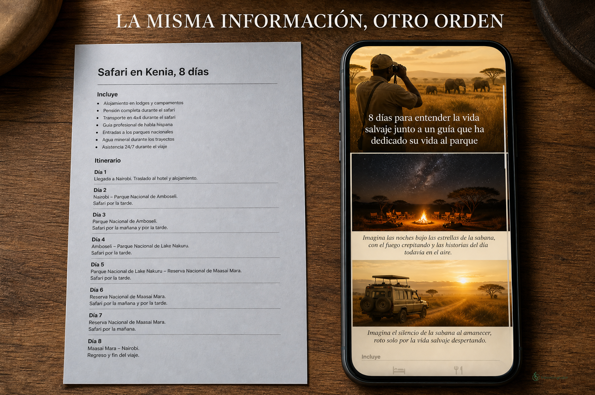 Comparativa visual del modo comparador y el modo promesa aplicado a un viaje de autor